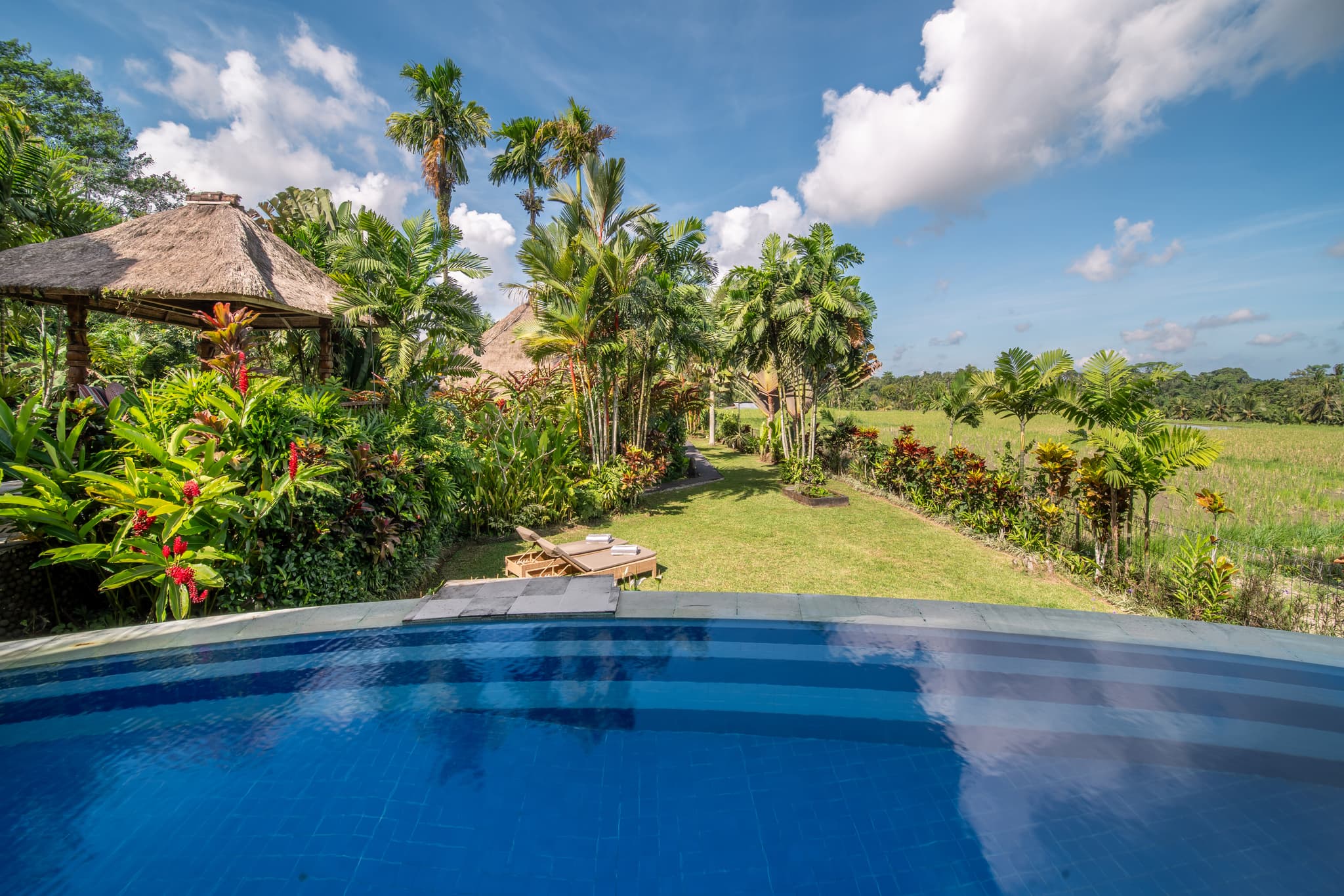 Villa Tau - garden and pool with beautiful garden and rice field views