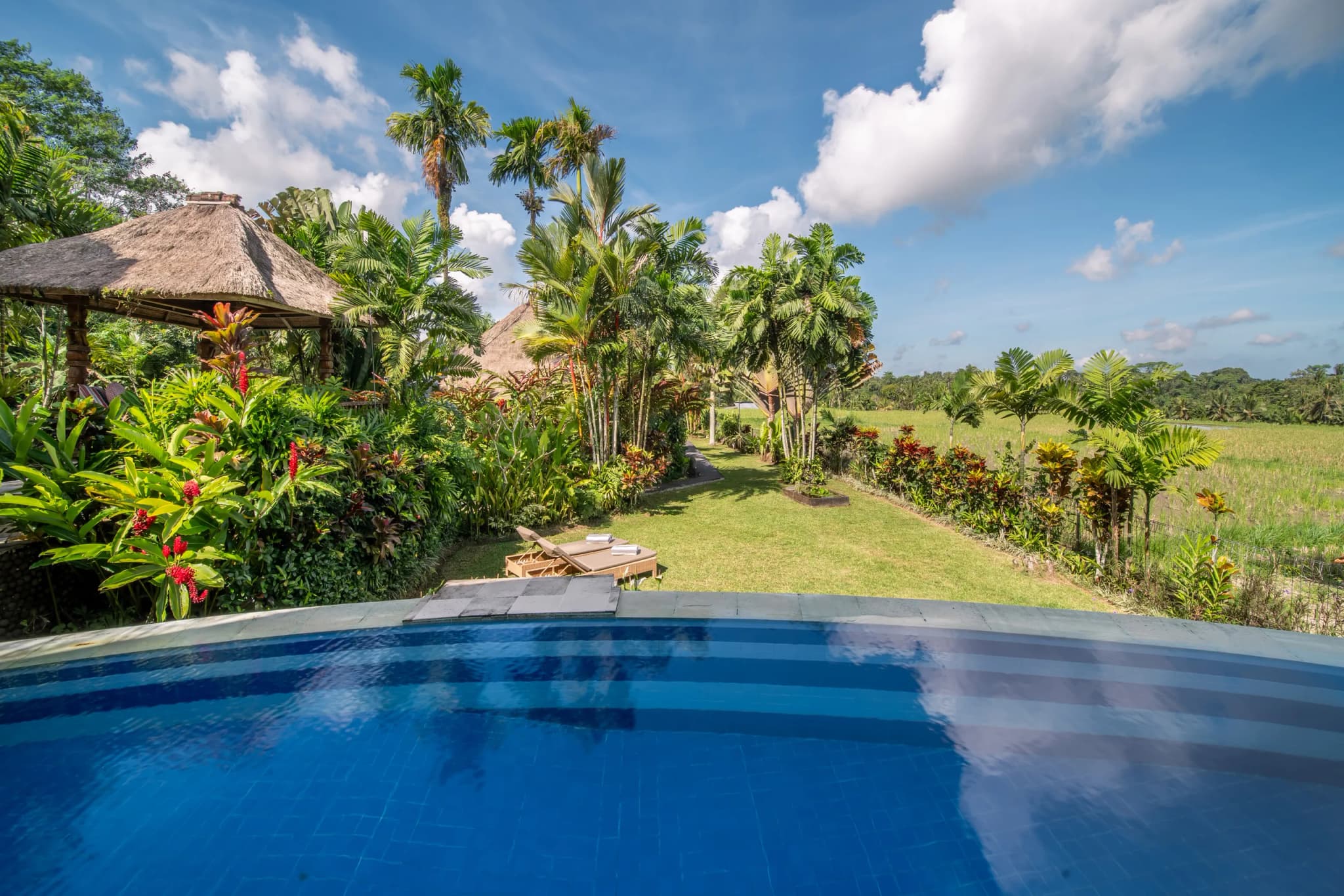 Villa Tau - garden and pool with beautiful garden and rice field views