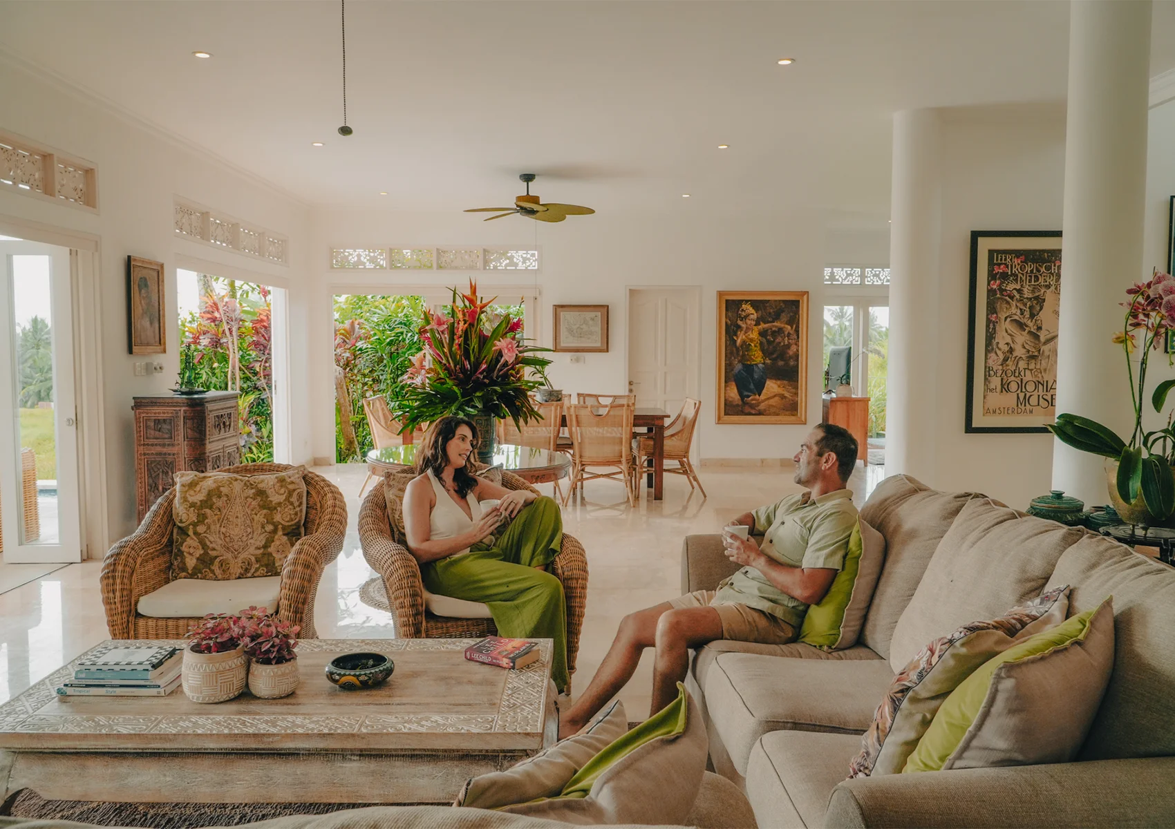 Staying at a Family Villa Near Tegallalang Rice Terraces in Ubud Family relaxing inside luxury villa near Tegallalang rice terraces in Ubud Bali.