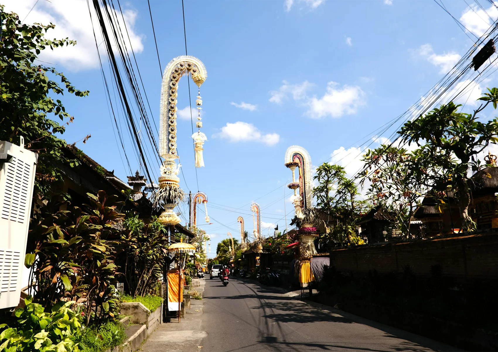 Traditional penjor bamboo decorations lining a Balinese village street during Galungan festival celebrations in Bali.