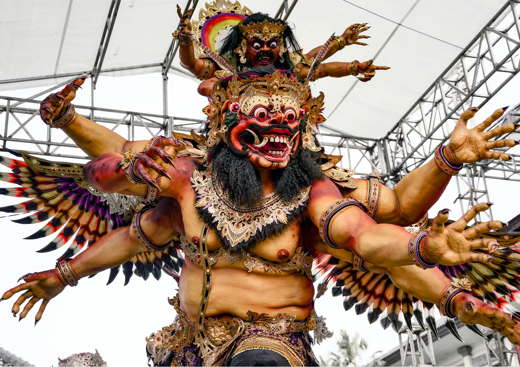 Large Ogoh-Ogoh demon statue displayed during the Nyepi festival parade in Bali before the Day of Silence ceremony.