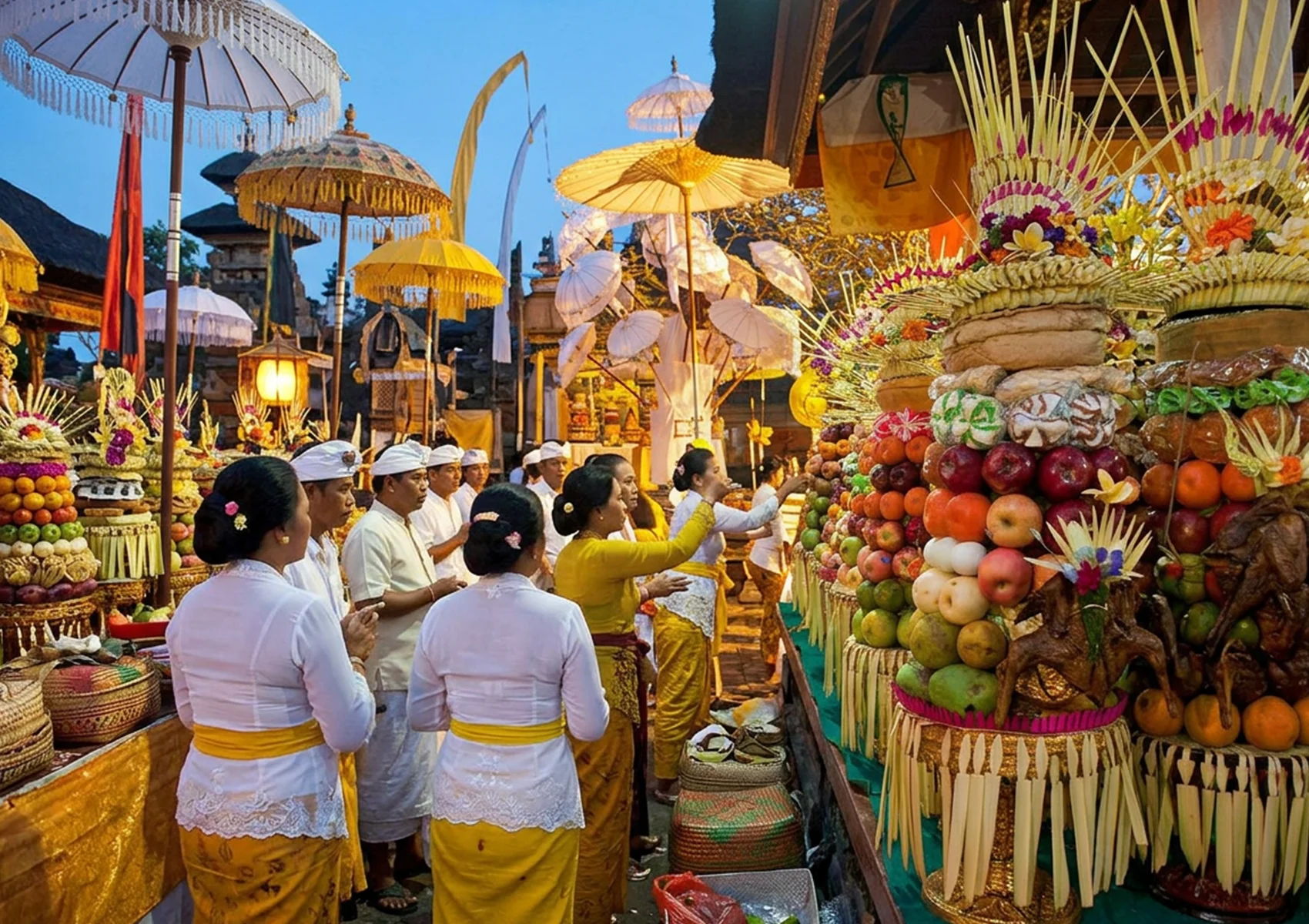Balinese Hindu worshippers presenting colourful fruit and flower offerings during a traditional temple ceremony in Bali.