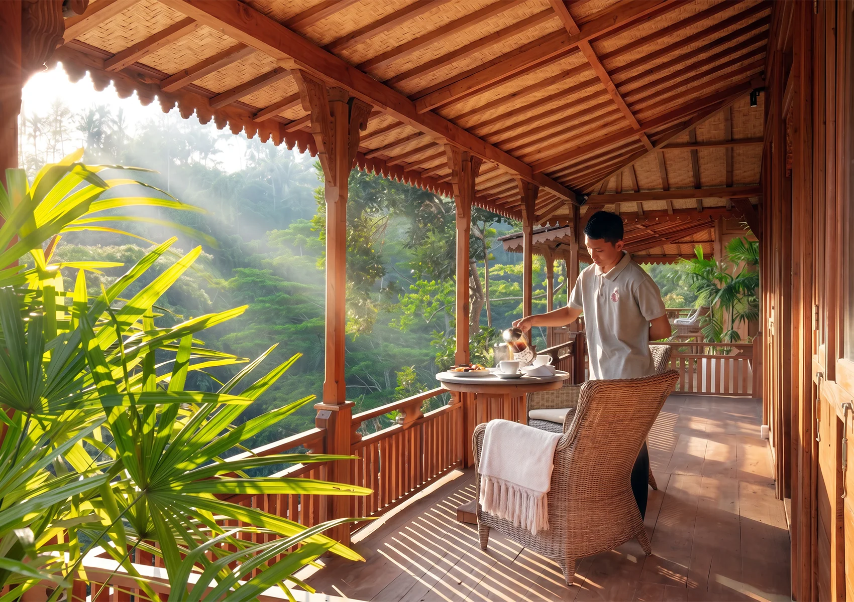 Private chef serving breakfast at luxury Bali villa balcony overlooking tropical jungle views
