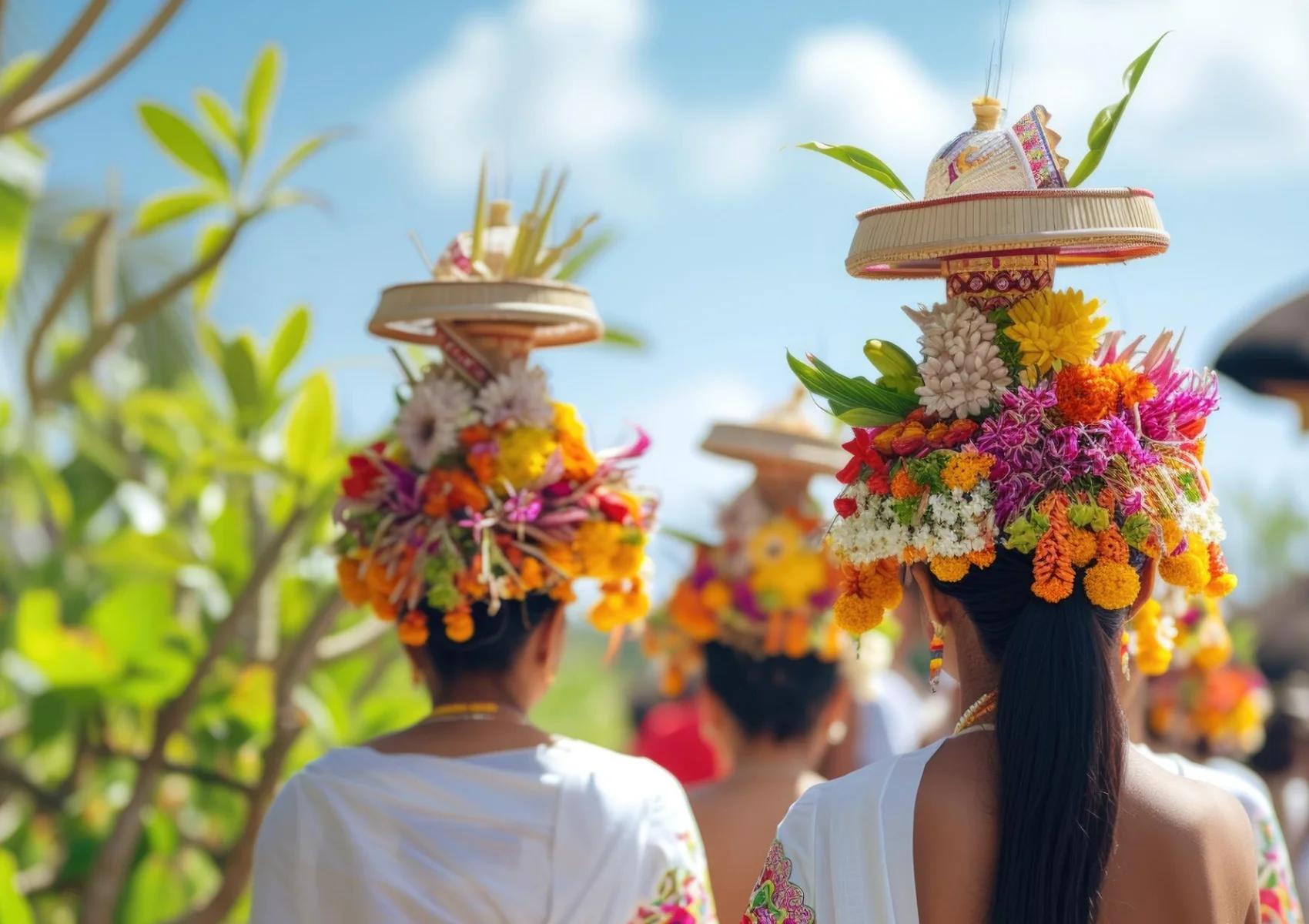 Balinese women carrying colourful flower offerings during a traditional Hindu ceremony procession in Bali.