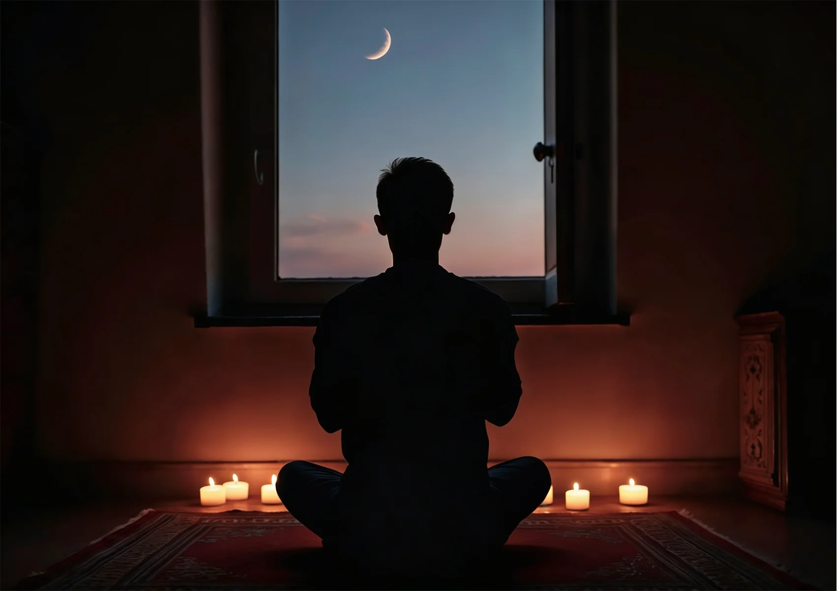 Person meditating by candlelight during Siwa Ratri, the Balinese Hindu night of prayer and reflection ceremony in Bali.