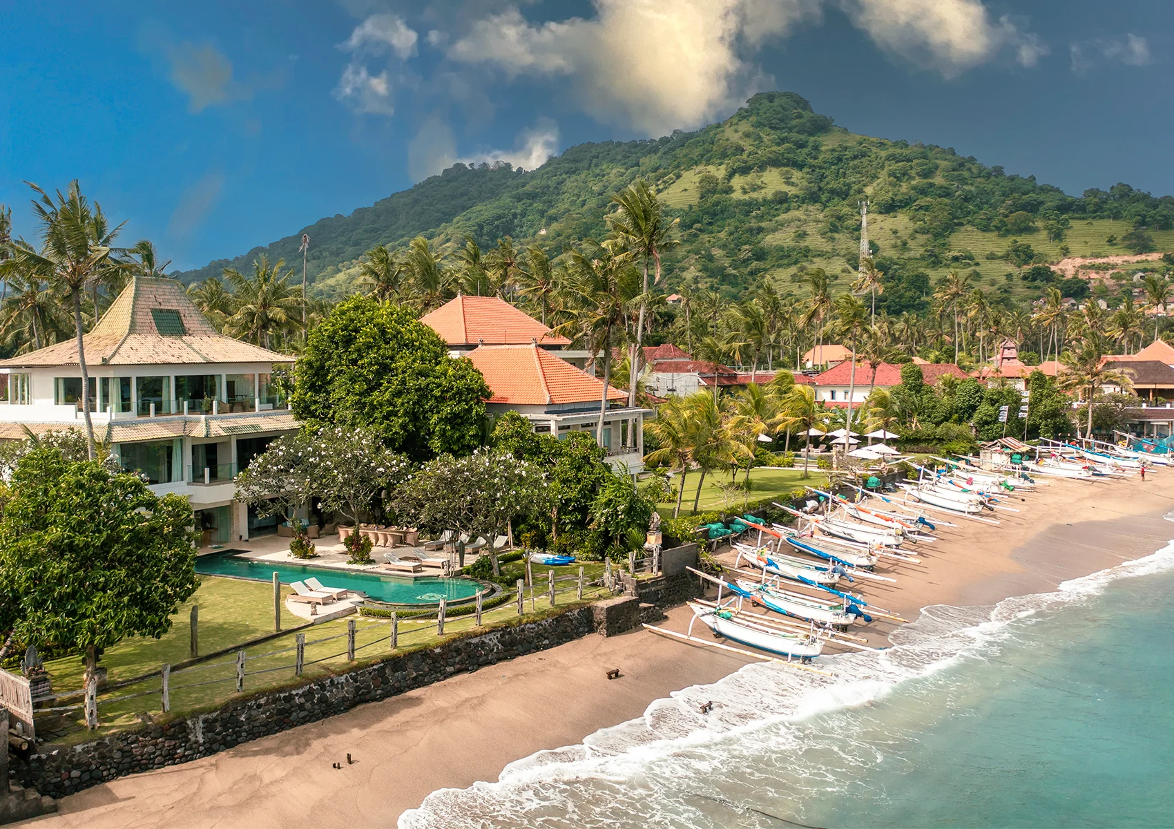 Beachfront family villa in Candidasa Bali with private pool and ocean views.