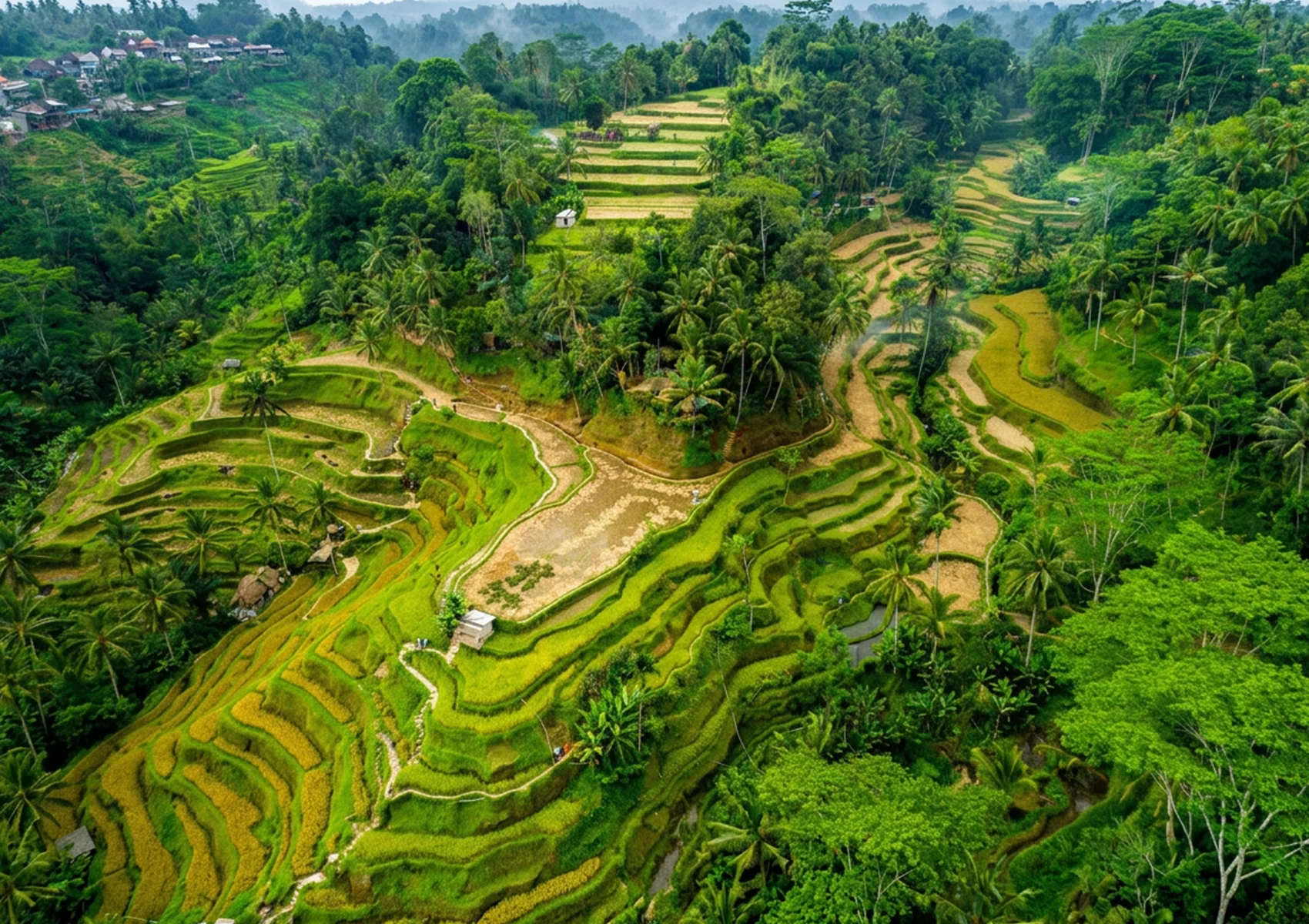 Aerial view of lush rice terraces near Ubud surrounded by tropical forest and palm trees